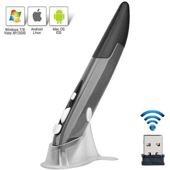Ratón óptico de bolsillo inalámbrico, Lychee ratón óptico de lápiz inalámbrico USB 2.4GHZ 800/1200/1600 DPI ajustable ratón de aire mini (gris)
