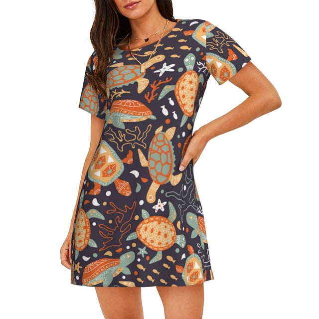 Kdxio Chemise de Nuit Imprimée Tortues et Plantes Marines pour Femmes Manches Courtes Chemise de Nuit Décontractée Imprimée Robe de Nuit Ample Confortable Pyjama