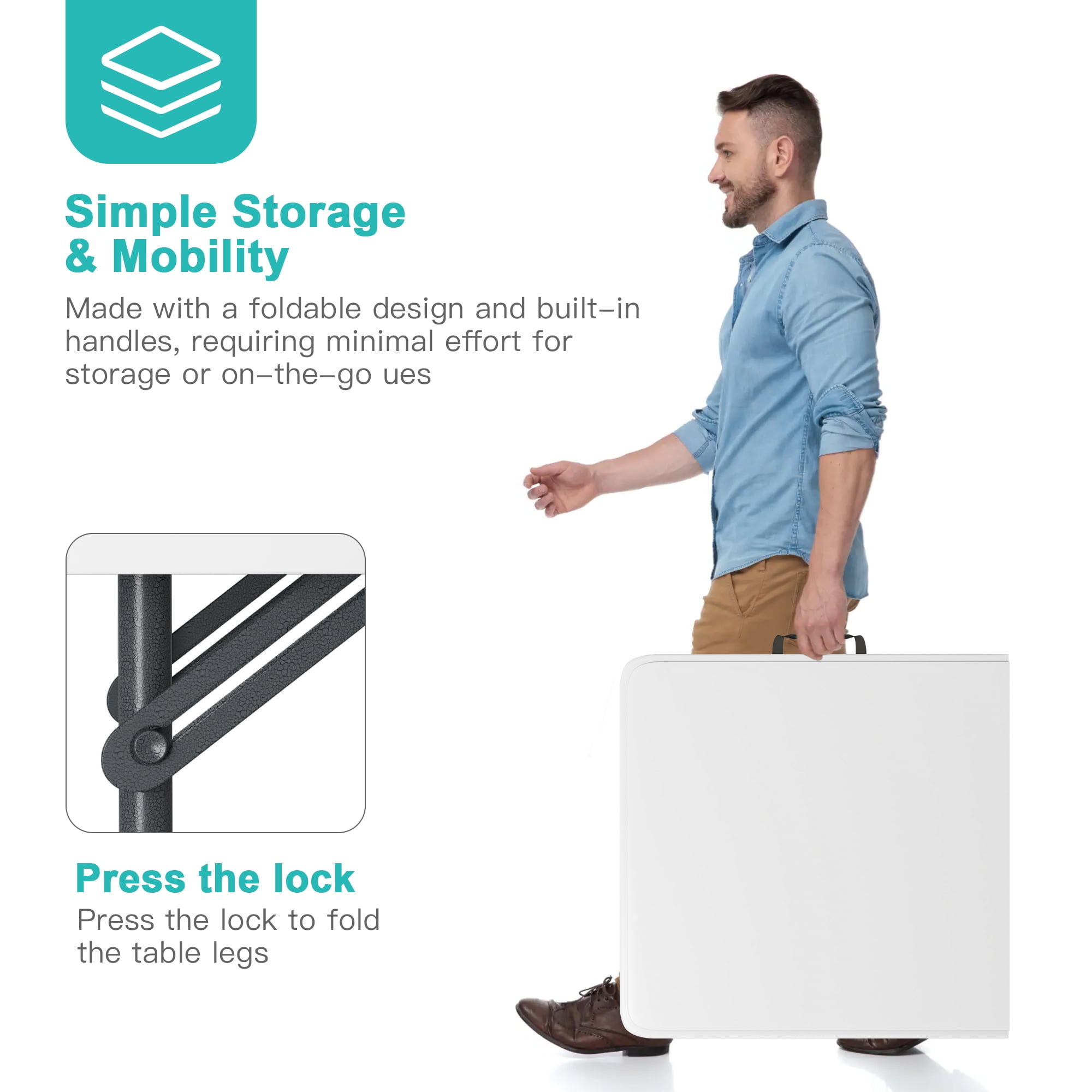 Demi Bonn 4ft Plastic Folding Table with Height Adjustable, Multipurposedoor Outdoor Duty Portable Rectangle Table with Handle, Lock for Picnic, Party, Camping, White