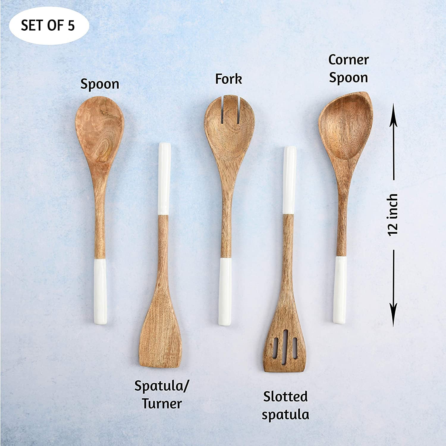 Folkulture Wooden Spoons for Cooking Set for Kitchen, Non Stick Cookware Tools or Utensils, Set of 5 - 12 inches long, Acacia Wood, White
