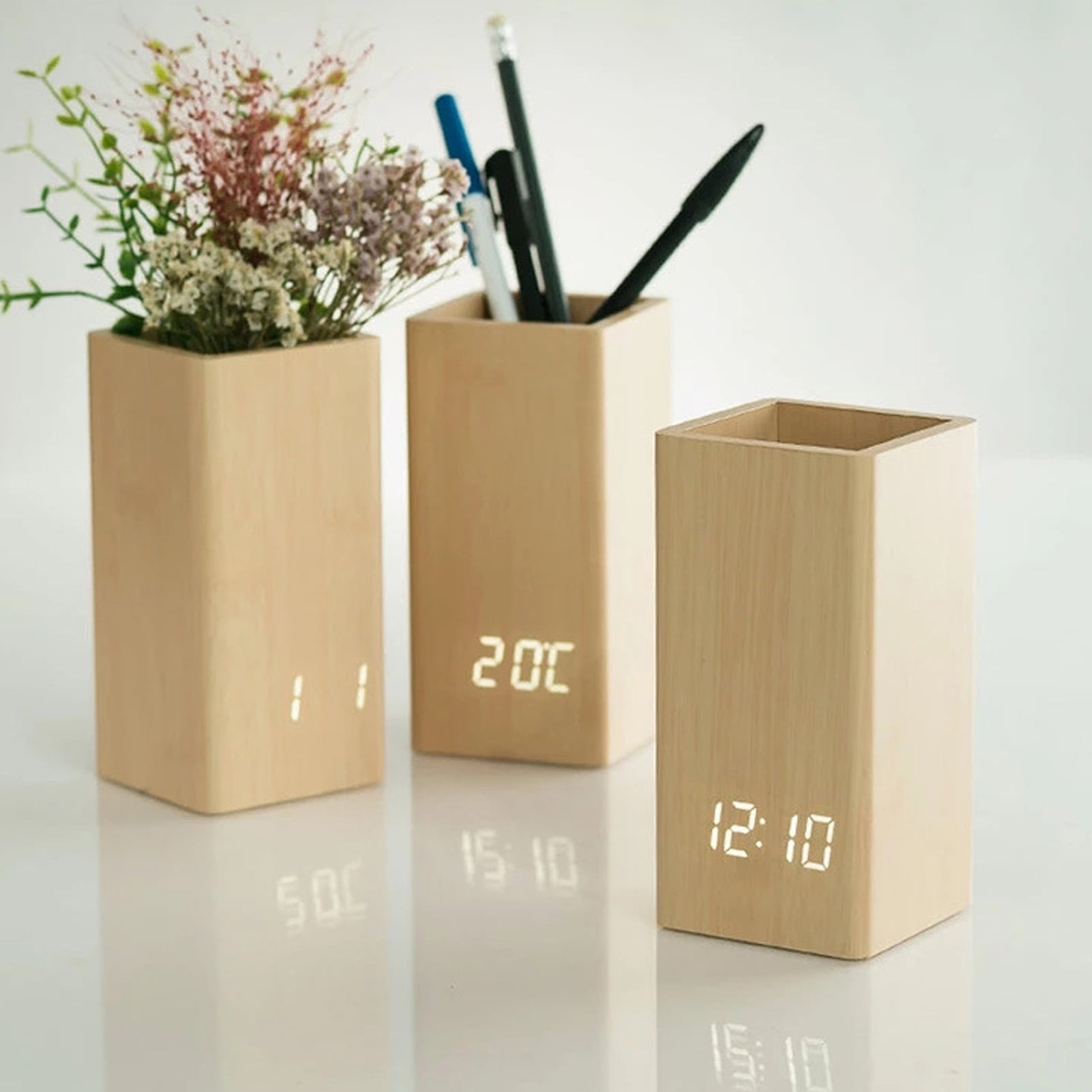 Happy date Pen Holder Wooden, with a Digital Clock and alarm, and a Wonderful LED Screen,Distinctive and Quiet Shape, Suitable and Nice