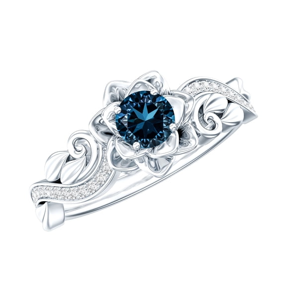 Rosec Jewels Flower Engagement Ring for Women - Natural London Blue Topaz Diamond Ring - AAA Quality - with Jewelry Box, 925 Sterling Silver, US 4.00