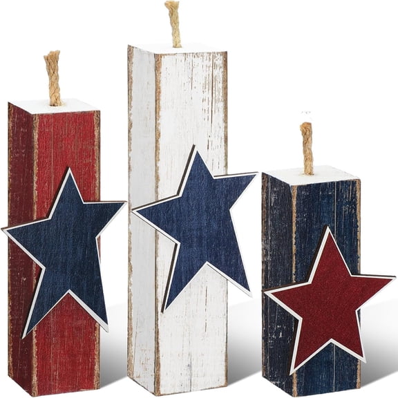 CCOCC 3 Pcs 4Th of July Decorations Set Wooden Patriotic Table Centerpieces Independence Day Wood Firework Fourth of July Table Signs for Home Farmhouse Decor (Vintage Style)