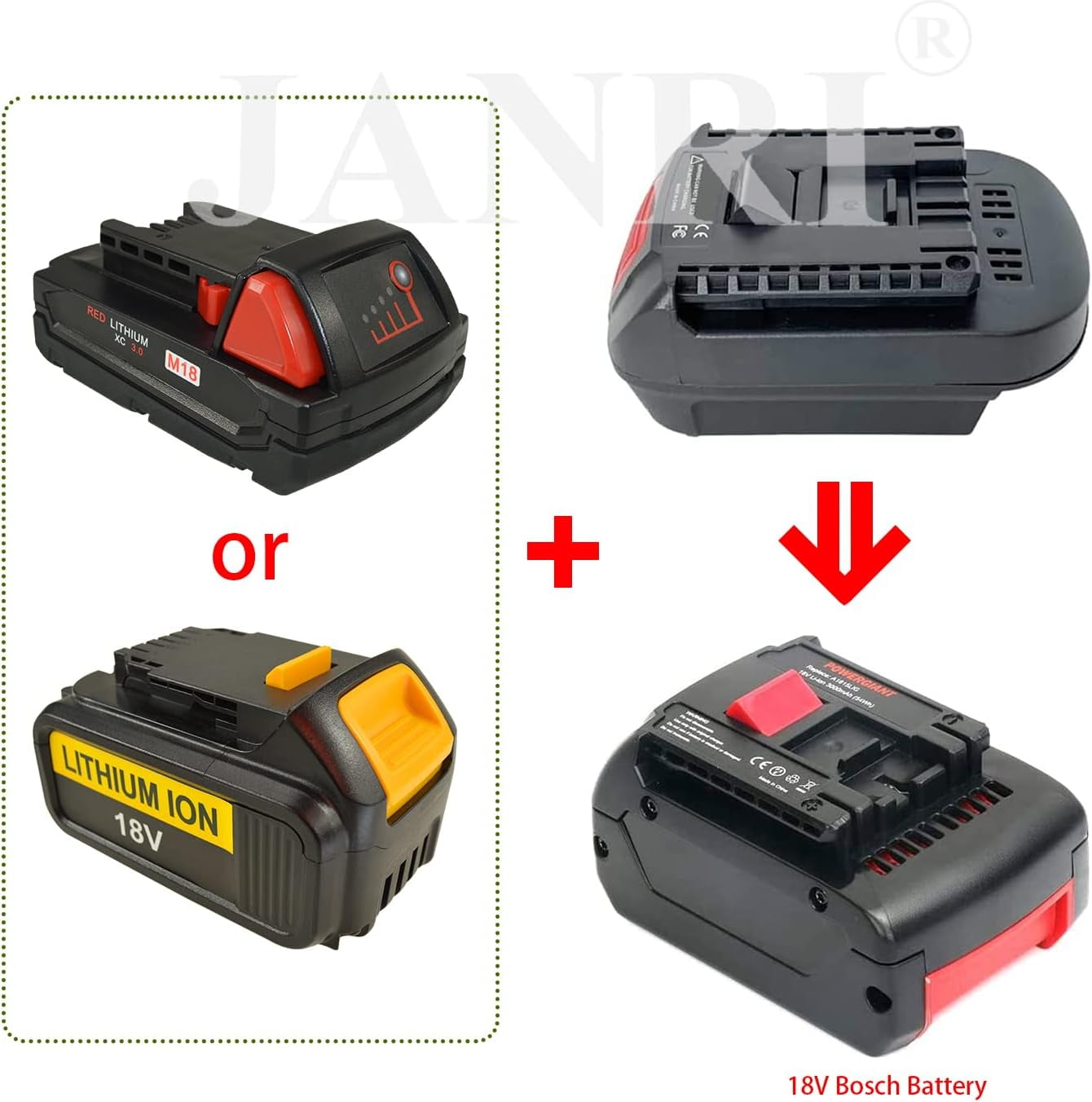 Battery Adapter for Bo+sch 18V Cordless Tool,Convert De_wa+lt 18V DCB184 DCB182 DCB181 DCB183 & Mil+wau-kee 18V M18 Lithium-Ion Battery to for Bos+ch 18V Battery BAT609 BAT612 BAT610 BAT611