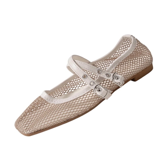 Alkepwun Womens Dress Shoes Square Toe Double Buckle Breathable Mesh Comfort Mary Flats Solid Color Lightweight Causal Non Slip Soft Slip On Walking Footwear