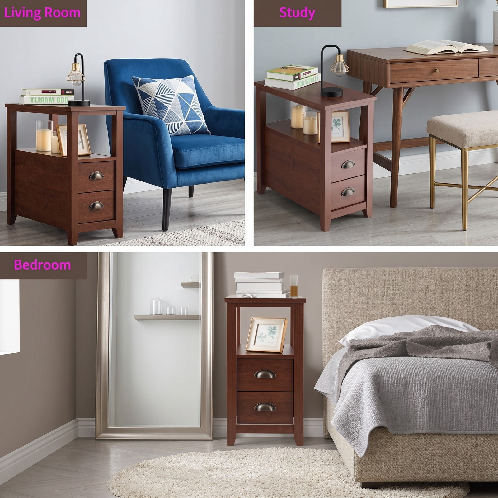 Furnibear Set of 2 Narrow Nightstands with 2 Drawers and Open Shelf Wooden Bedside End Tables for the Bedroom Set, Brown