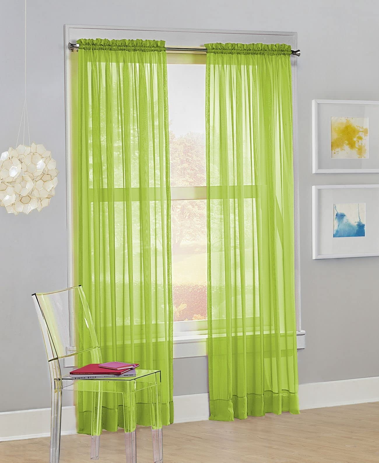 No. 918 Siren Voile Sheer Rod Pocket Curtain Panel, 59"x63", Lime Green