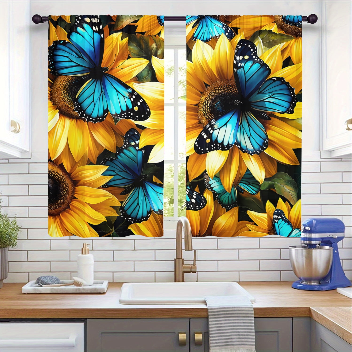 WNOOHIY Rustic Sunflower Butterfly Light-filtering Curtains for Bedroom Living Room,Window Treatment, Home Decor,Set of 2 Panels
