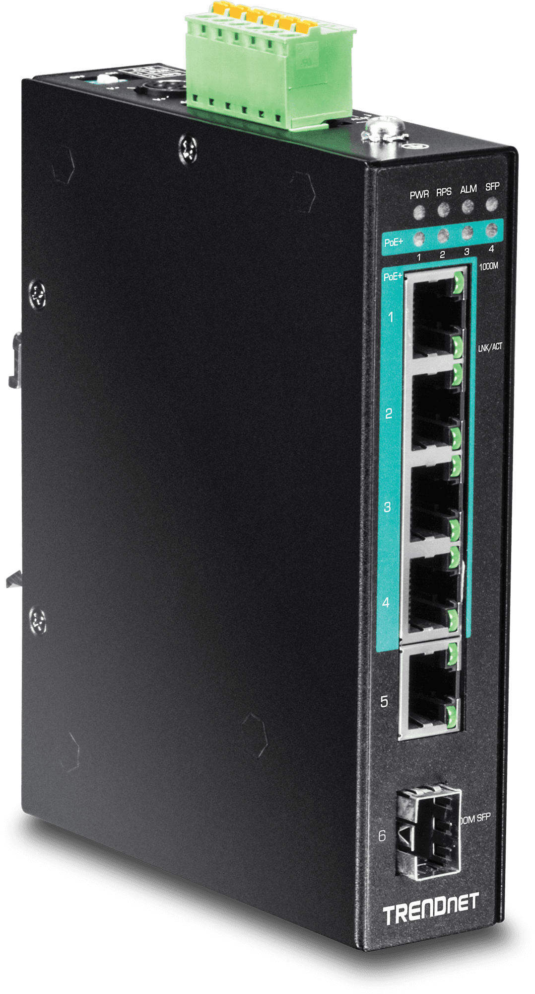 TRENDnet TI-PG541I, 6-Port Hardened Industrial Gigabit PoE+ Layer
 2 Managed DIN-Rail Switch
