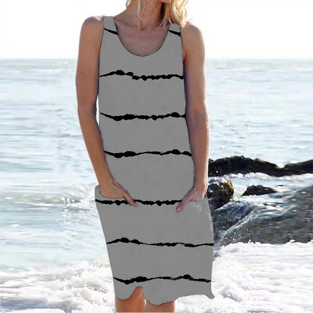 Nouvelle Robe Rayée pour Femmes Col Rond Sans Manches Robe Moulante Imprimée Robe Décontractée Style Tribal Élégant Robe Imprimée avec Poche