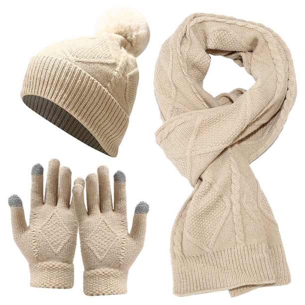 Conjunto de tres piezas de gorro, bufanda y guantes, cálido y aislante, gorro de punto grueso