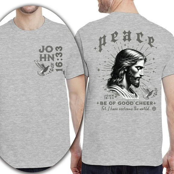 Christian T-Shirt, Double-Sided Peace Shirt with Jesus Illustration – John 16:33 Scripture Tee, Ash, Size S