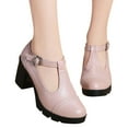 thumbnail image 2 of Lovskoo 2024 Women's Oversized Classic Leather Shoes T-Strap Platform Chunky Block Mid-Heel Closed Toe Pumps Metal Buckle Mary Dress Wedding Shoes Pink, 2 of 8