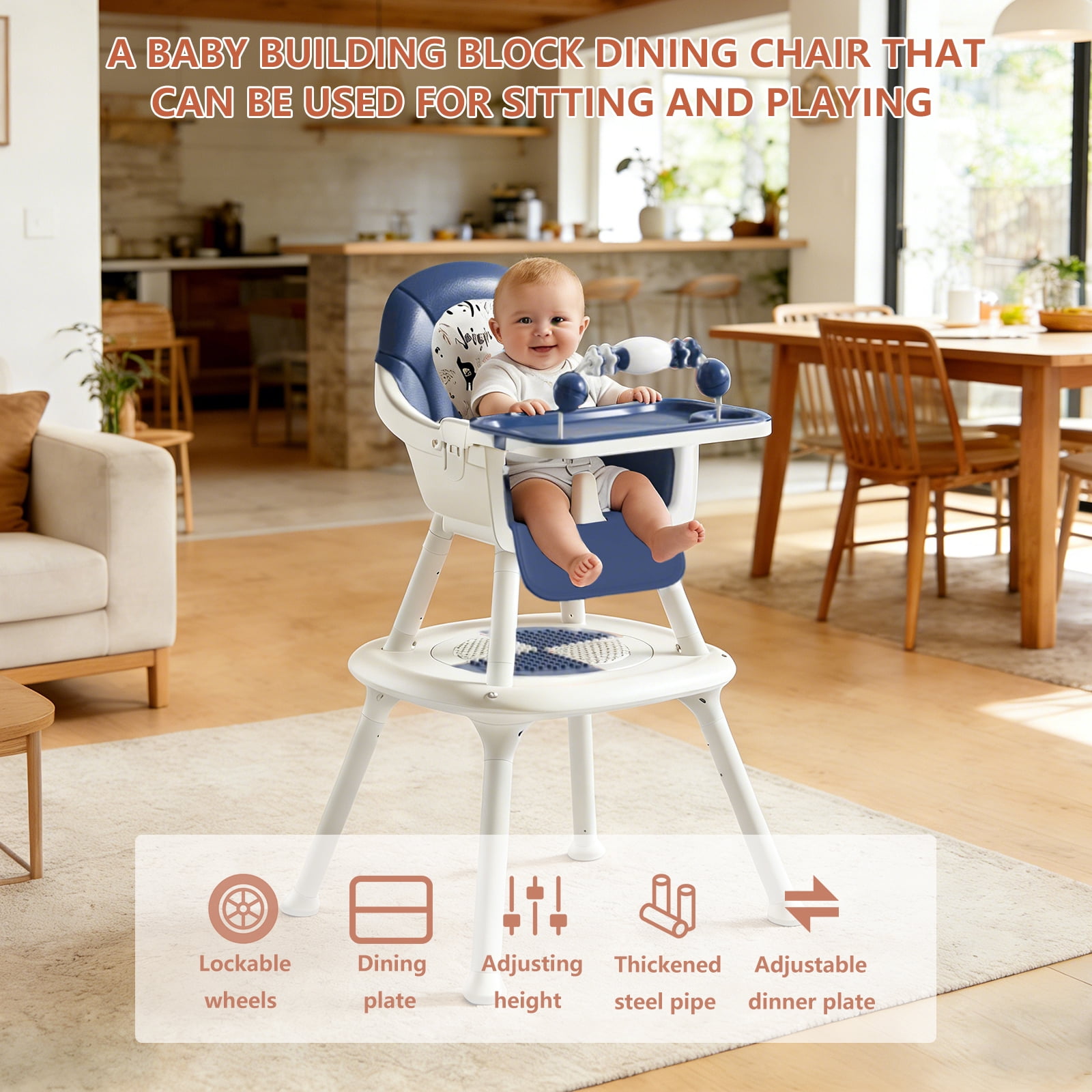 Convertible 4-in-1 Baby High Chair with Block Table, Infant to Toddler Feeding Chair with Play Tray & Built-in Toys, Removable PU Cushion, Easy to Clean Dining & Activity Chair–Blue