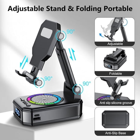 Cillso Phone Stand with Bluetooth Speaker, Gifts for Men Women, Foldable Adjustable Desktop Phone Holder with HD Stereo Sound & LED Lights, 4-in-1 Tech Gadget Compatible with iPhone, Android & iPad
