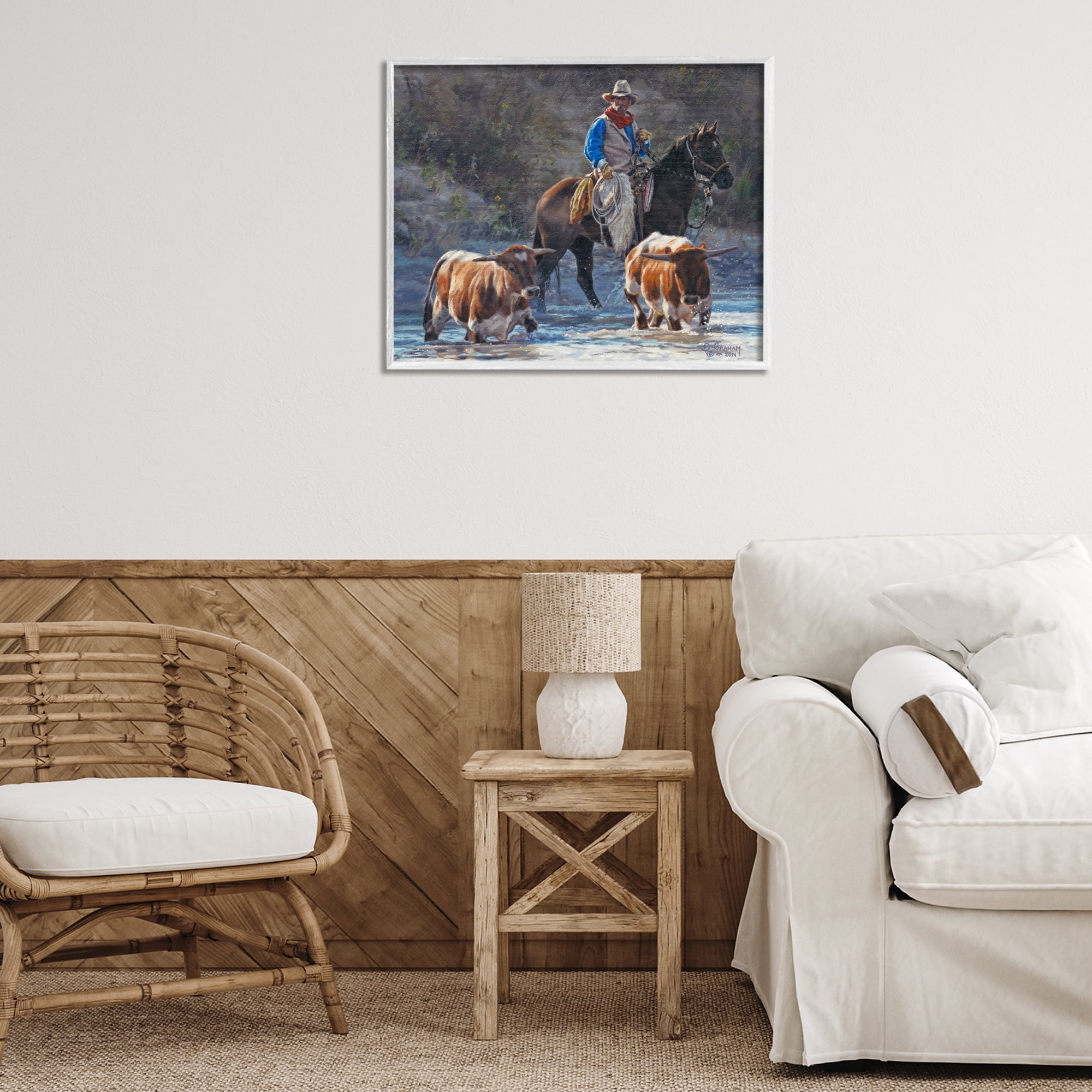 Stupell Industries Cowboy Crossing River Animals & Insects Painting White Framed Art Print Wall Art, 30 x 24