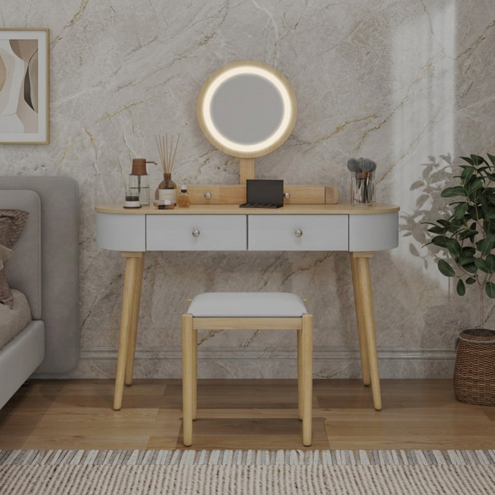 Furnibear Makeup Vanity Table Set with LED Mirror and 3 Spacious Drawers for Bedroom Makeup Dressing Room Vanity Desk Mirror Set, Natural