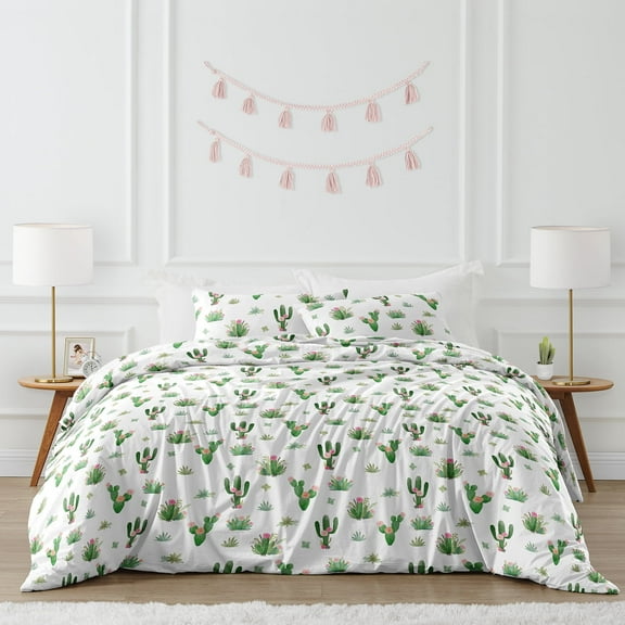 Sweet Jojo Designs Cactus Floral Pink Green and White Full/Queen Bed Comforter 3 Piece Bedding Set - 3 Piece
