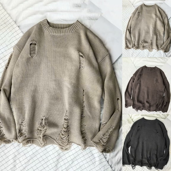 Joernso Men Sweater Solid Color Ripped O Neck Oversized Couple Sweater for Daily Wear