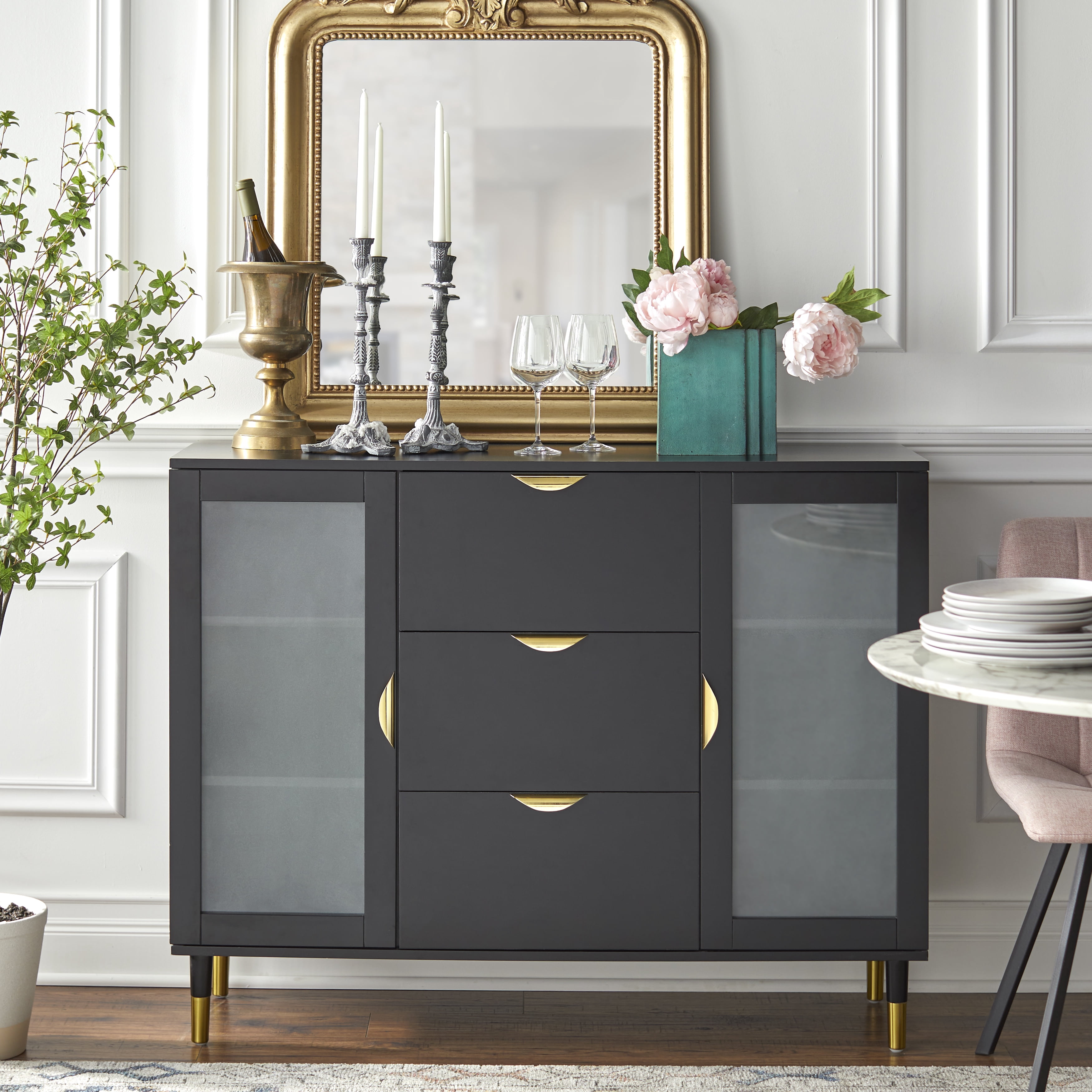 TMS Wescott 47.6" Wide Mid-Century Sideboard with Tempered Glass Doors, Black