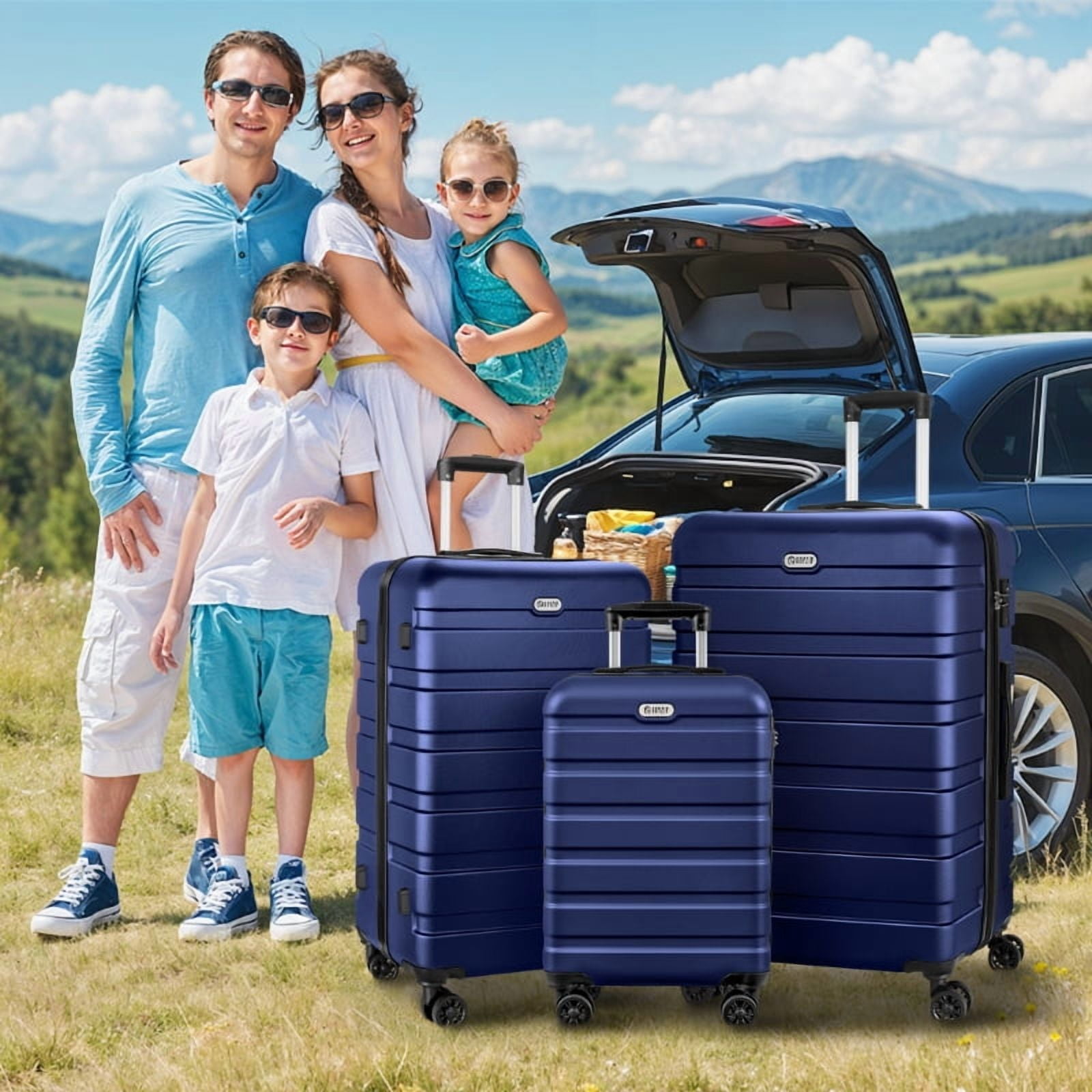 Luggage Set 3 Piece,PC ABS Lightweight Hardside Suitcases with TSA Lock,Carry on luggage with Wheels,DarkBlue