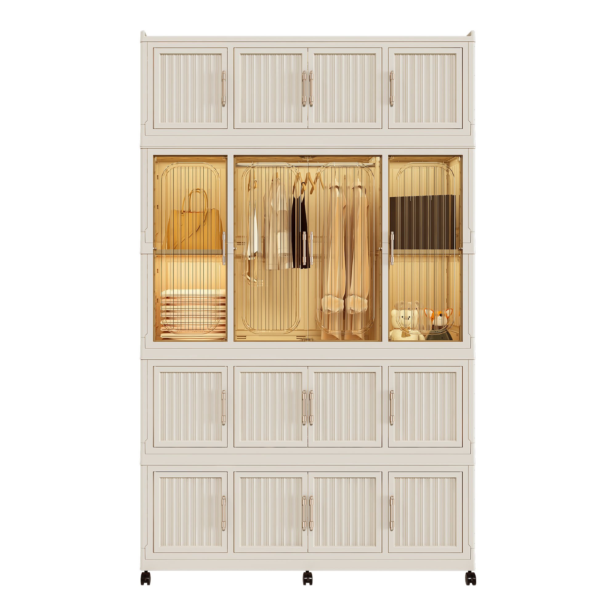 Resenkos Portable Wardrobe Closet Storage Organizer, Clothes Dresser with 16 Magnetic Doors (16 Cubes & 1 Hanging Rod) & 6 Hangers, Cream White