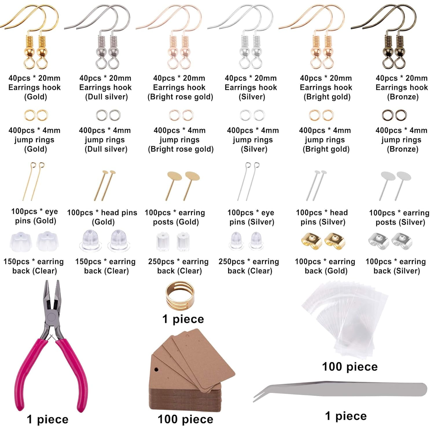 SONGAUN 4240 Pcs Earring Making Supplies Kit Earrings Hooks Jump Rings Earring Backs Earring Cards Earring Posts Eye Pins Jewelry Plier Tweezers Jump Ring Opener for Earrings Making and Repairing