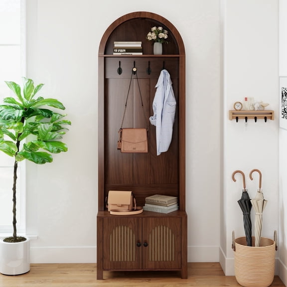 Hall Tree 70.9" Narrow Arch Coat Modern Farmhouse Rack with 4 Hooks and 2 Fluted Doors for Hallway Entryway Mud Room Bedroom Living Room HOME Walnut