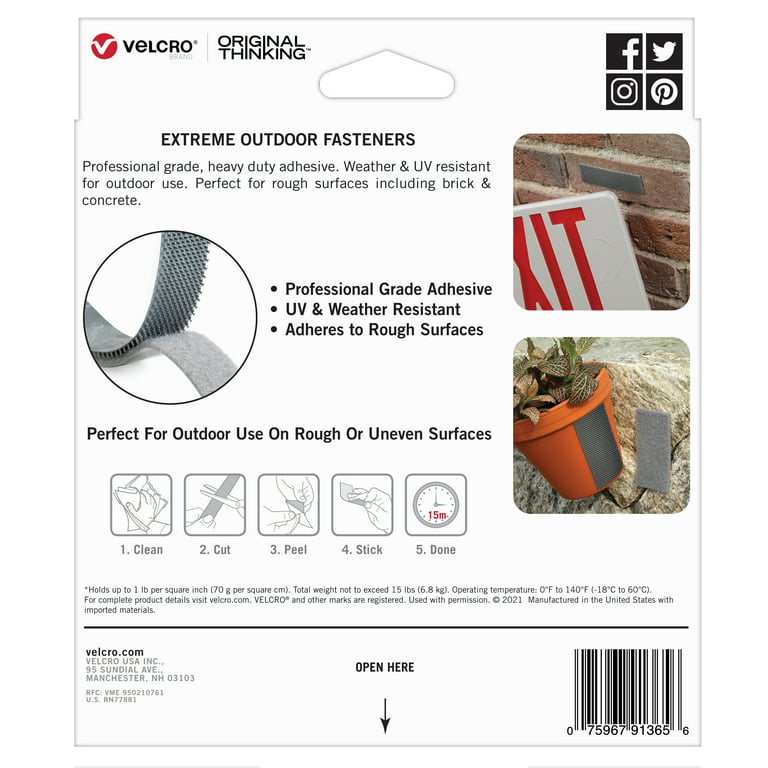 Velcro Brand Extreme Outdoor Mounting Tape 20ft x 1 in, Holds 15 lbs Strong Heavy Duty Stick on Adhesive Mount on Brick, Concrete for Hanging, 30702