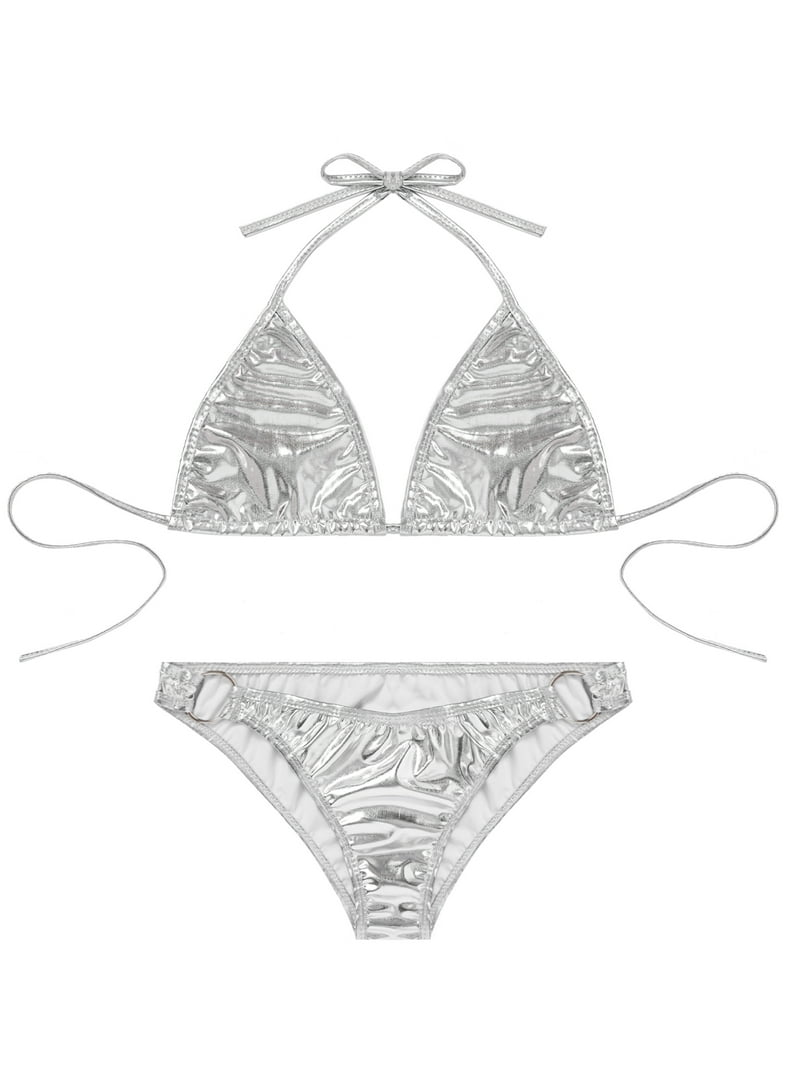 YiZYiF Womens Faux Leather Metallic Bikini Set Halter Bra