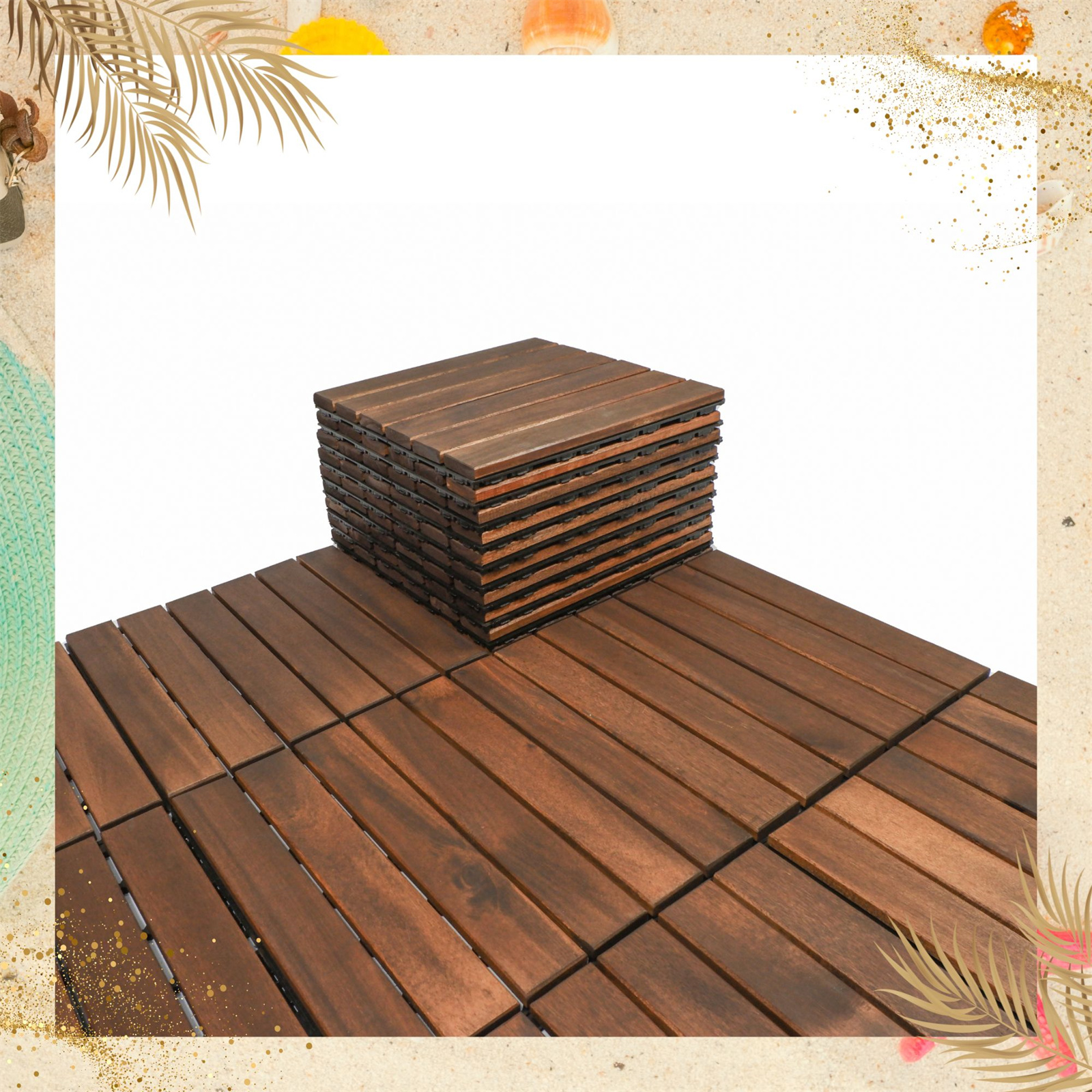 Acacia Wood Interlocking Patio Deck Tiles (Pack of 10, 12" x 12