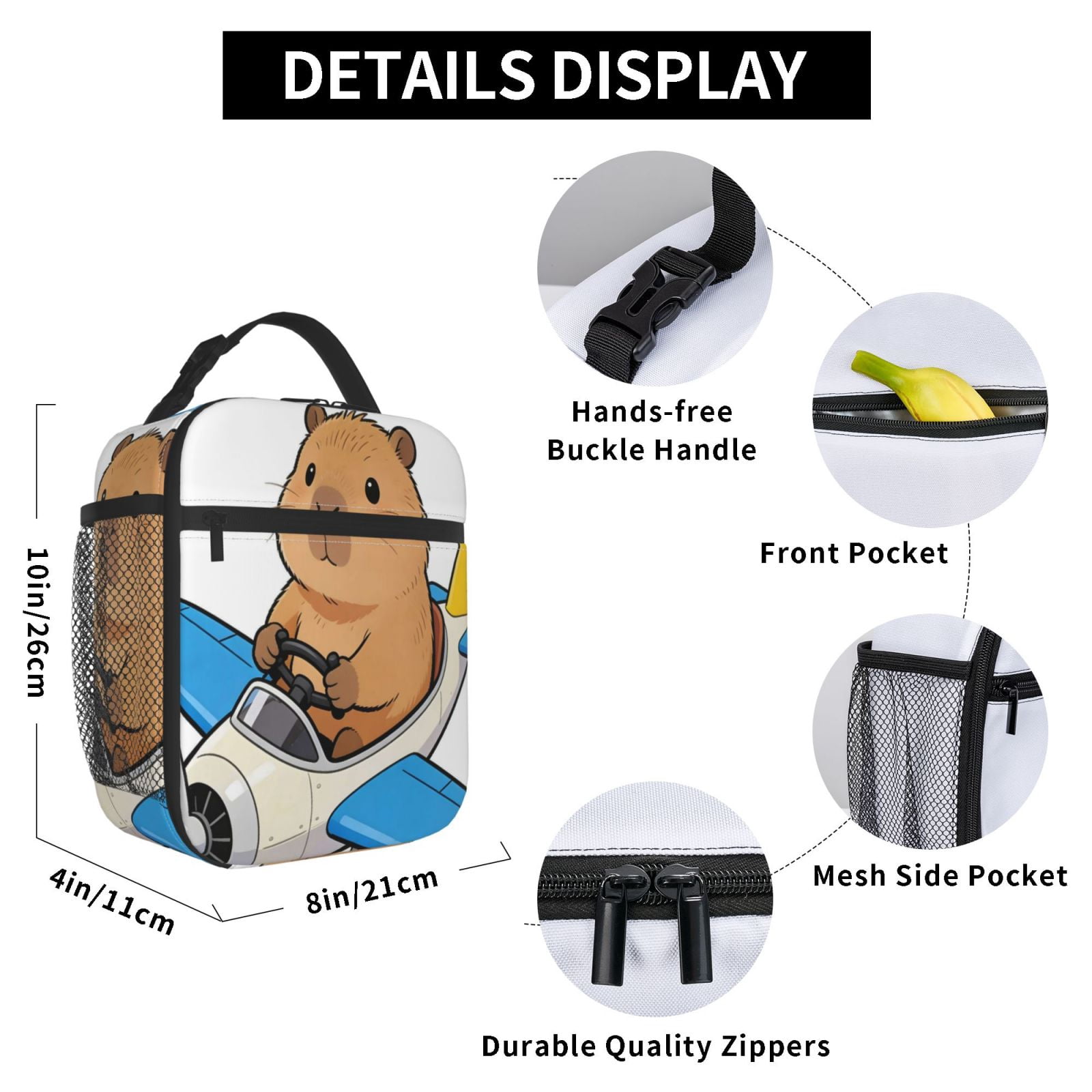 Lunch Bag For Women Men Insulated Portable Lunch Box Bento Box Office Picnic Travel Cooler Bag Capybara Flies A Helicopter