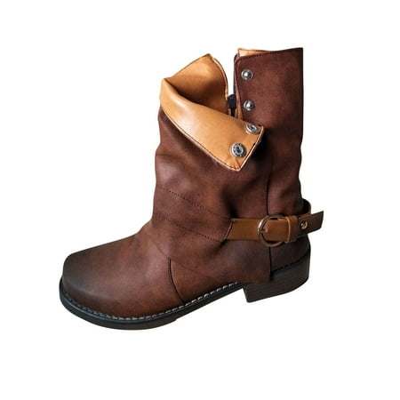 

BELLZELY Womens Shoes Wide Width Clearance Women s Winter Warm Cuffed Women s Shoes Belt Buckle Side Zipper Low Boots