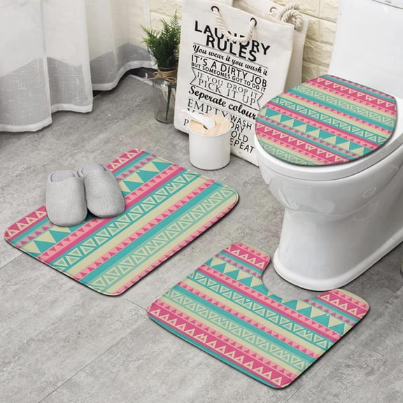 Pink Geometric Stripe Pattern Bathroom Rugs Sets 3 Piece,Toilet Cover Set,Absorbent Non Slip Bathroom Mats Sets with U-Shaped Contour Rug Toilet Rug Set