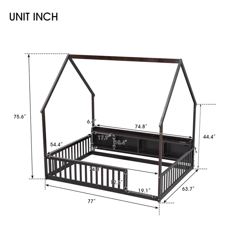 Full Size House-Shaped Canopy Bed with Roof, Wood Kid's Floor Bed Frame with Storage Shelves, LED Lights & Charging Station