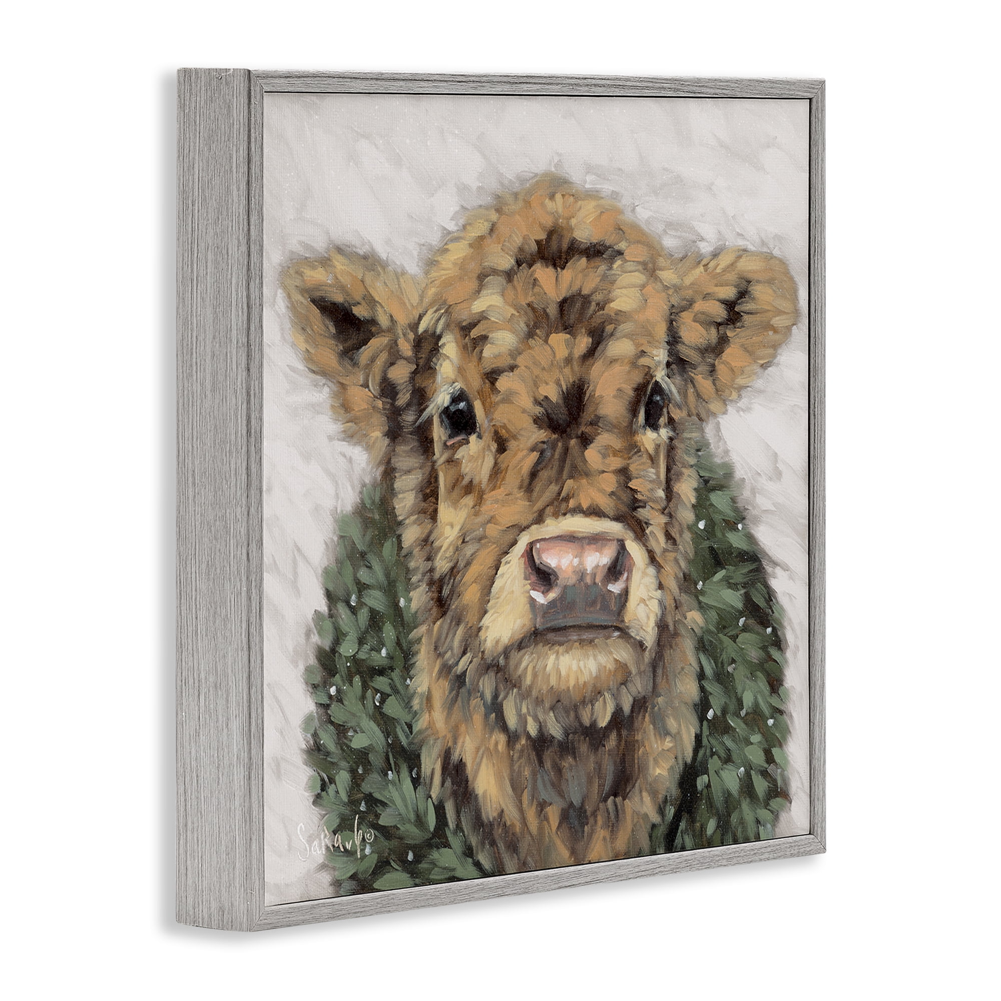 Stupell Industries Calf with Holiday Wreath Holiday Painting Gray Framed Art Prints Wall Art, 17 x 17