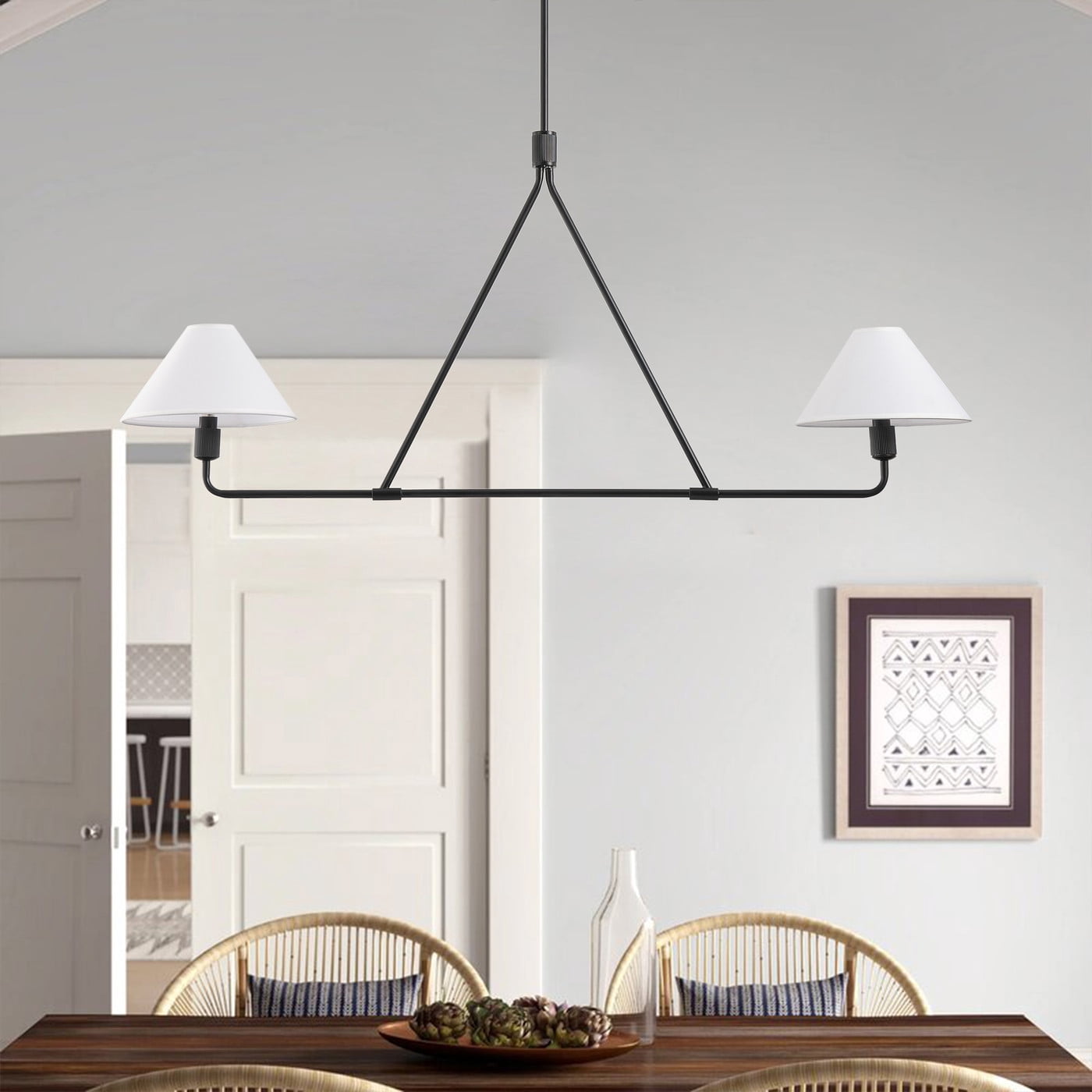 Aiwen Black Pendant Light Modern Linear Chandelier 2-Light Kitchen Island Lighting Fixture with Fabric Shade