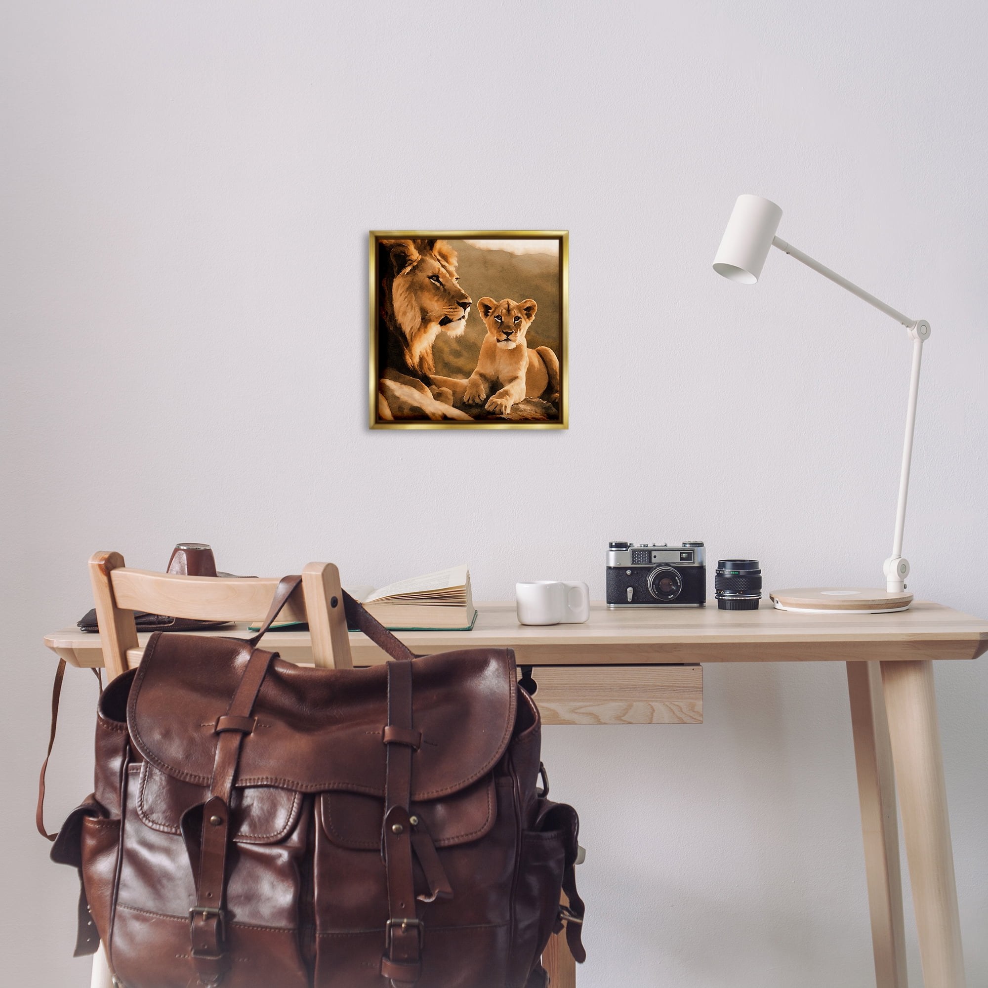 Stupell Industries Lion & Cub Portrait Animals Painting Gold Floater Framed Canvas Art Print Wall Art, 18 x 18