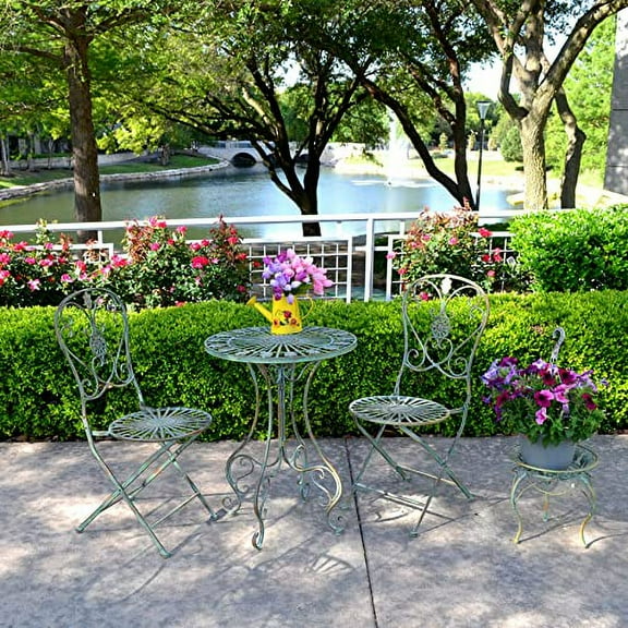Westcharm Metal Bistro Outdoor Table for Outside Patio w/Curved Legs Scrolling Heart & Peacock Tail Motif