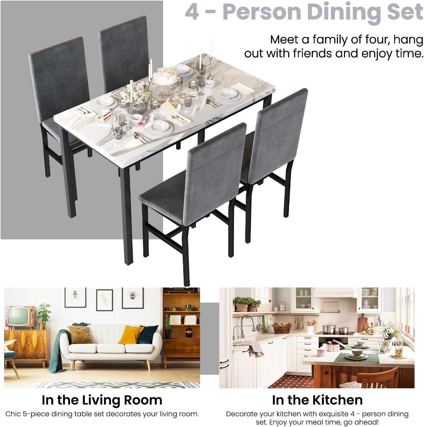 Cvortll 5 Pieces Dining Room Table Set for 4, Space Saving Kitchen Table and Chairs , Set with 4 Upholstered PU Leather Chairs and Faux Marble Tabletop, Gray + White