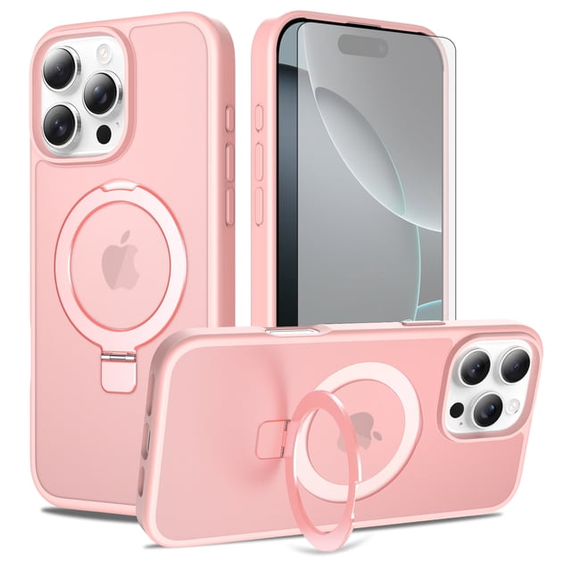 Asuwish Phone Case for iPhone 16 Pro Max 6.9 inch Tempered Glass Screen Protector Magnetic Folding Stand Frosted Translucent Rugged Shockproof Protective Cell Cover i Phone 16ProMax Women Men Pink