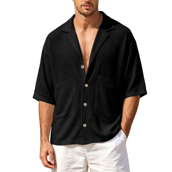 BVnarty Men's Summer Cuban Collar Short Sleeve Button Shirt Pocket Design Casual Loose Beach Vacation Outdoor Daily Top Black XL