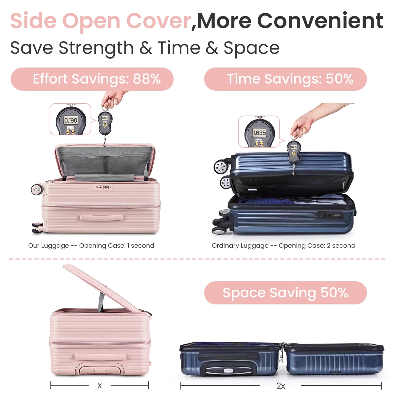 POWANLI 3 Piece Luggage Sets (20''24''28''), PC Hard Shell Expandable Lightweight Carry On Luggage, with Front Pocket and Spinner Wheels, TSA Lock, Airline Approved(Pink)