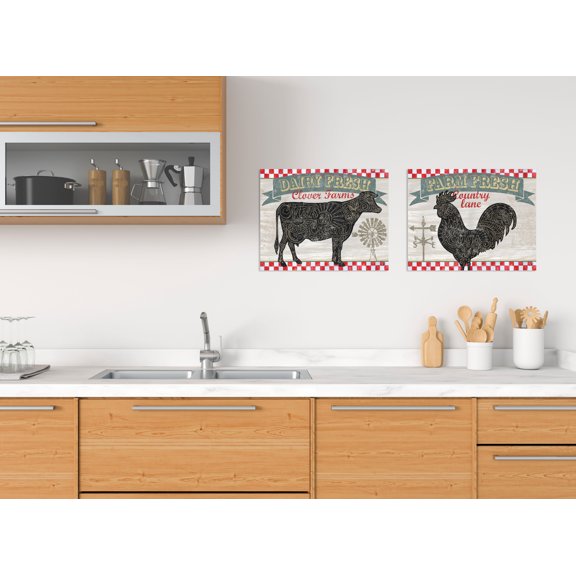 Gango Home Decor Country-Rustic Country Rustic "Farm Fresh" and "Dairy Fresh" Cow and Rooster Set by Onna K (Printed on Paper); Two 14x11in Unframed Paper Posters