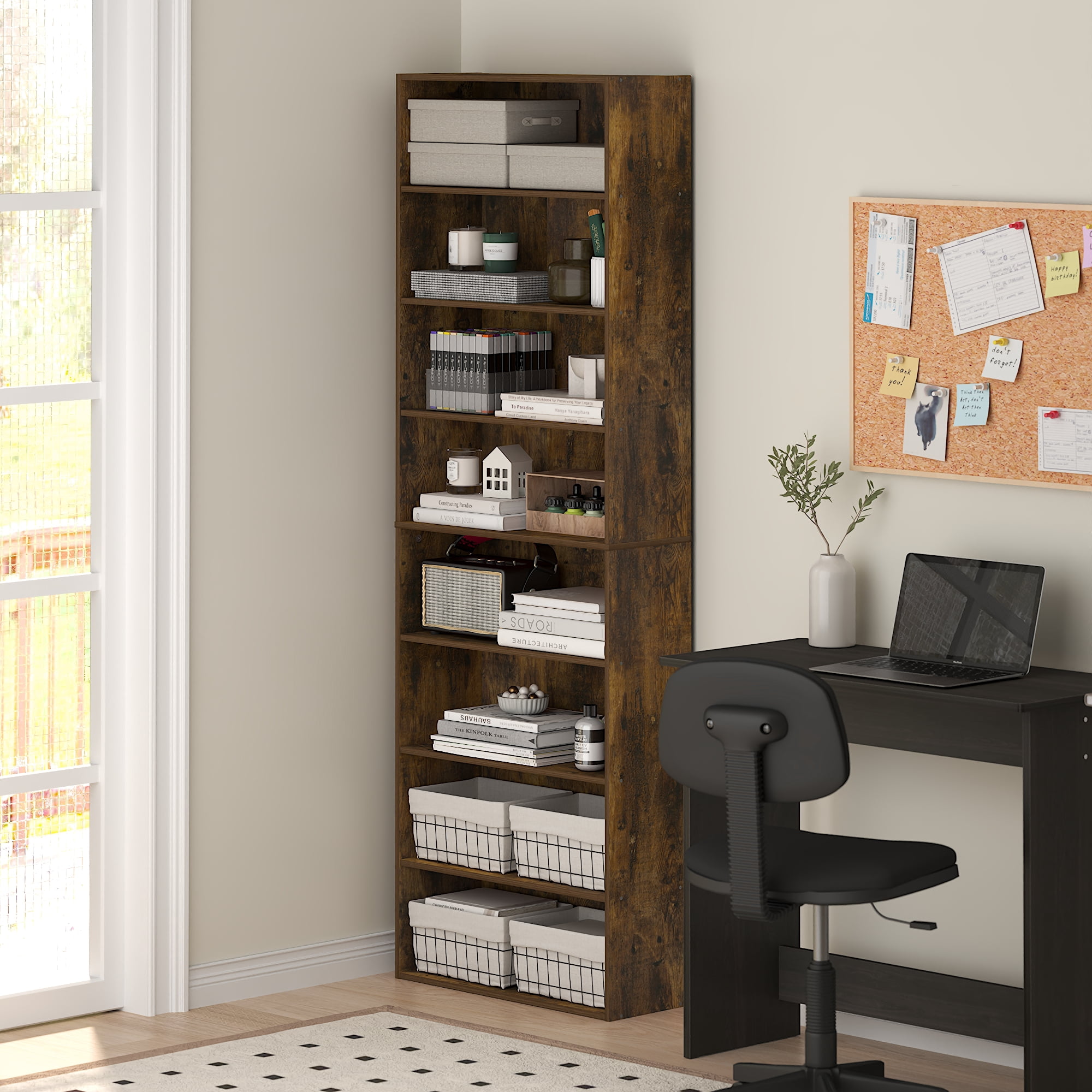 Furinno BASIC 8-Tier Open Shelf Bookcase 12 x 24 x 71inches in Amber Pine