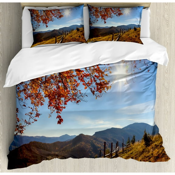 Fall Duvet Cover Set King Size, Fallen Leaves Over the Mountains Idyllic Fall Day Morning Sunrise Oak Tree Branches, Decorative 3 Piece Bedding Set with 2 Pillow Shams, Multicolor, by Ambesonne