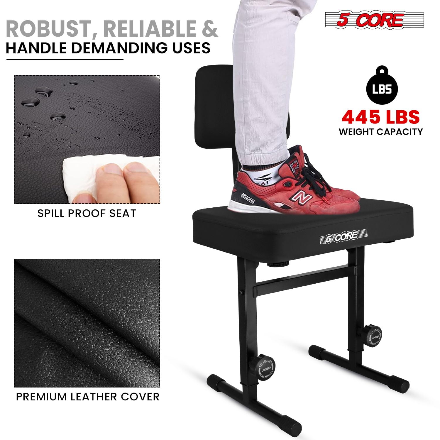 Heavy-Duty Adjustable Piano Bench with Thick Padded Seat & Backrest – 445lb Capacity, Non-Slip Base for Keyboard, Adults & Kids