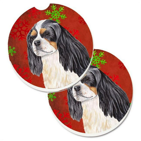 Cavalier Spaniel Red & Green Snowflakes Holiday Christmas Set of 2 Cup Holder Car Coaster