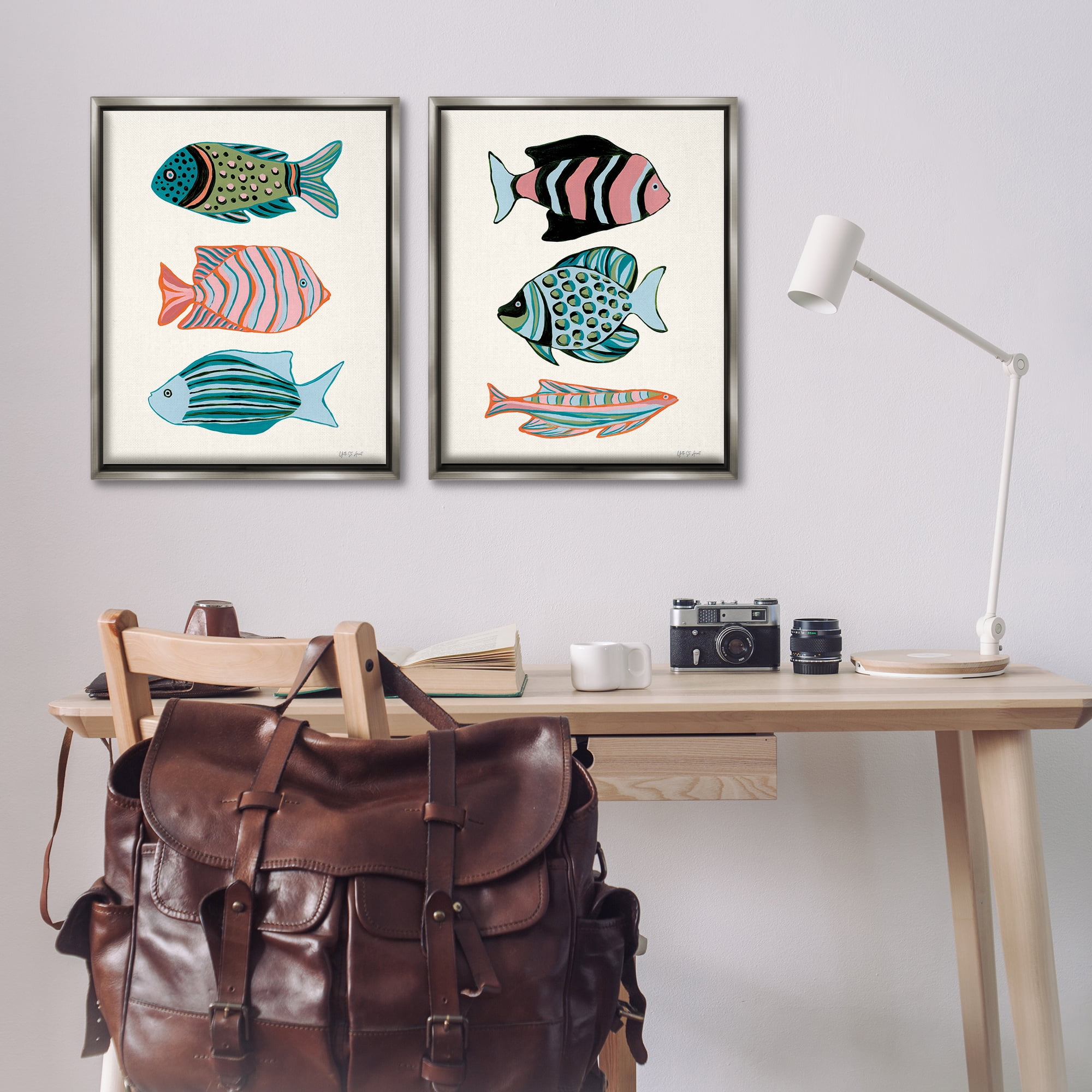 Stupell Industries Tropical Pastels Fish Animals Painting Gray Floater Framed Canvas Art Print Wall Art, 31 x 25, Set of 2
