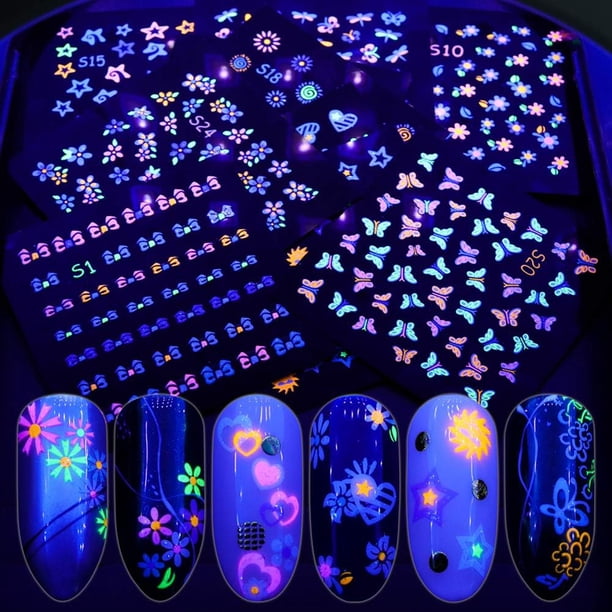 EBANKU 24 hojas de pegatinas fluorescentes para decoración de uñas, pegatinas 3D autoadhesivas, mariposa, flor, amor, frutas, patrón, herramientas de decoración DIY, accesorios para mujeres y niños